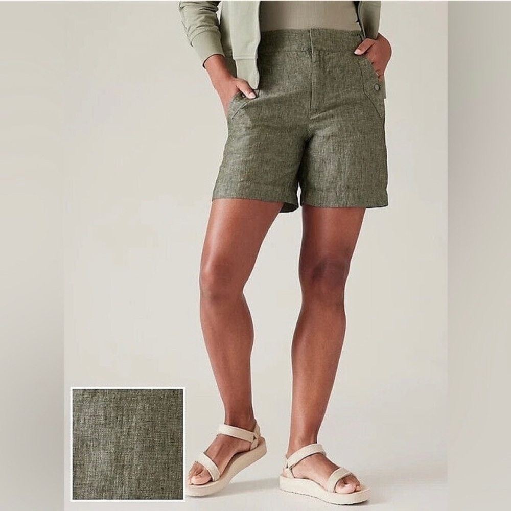 Athleta | Voyager 100% Linen Shorts in Aspen Olive Green.